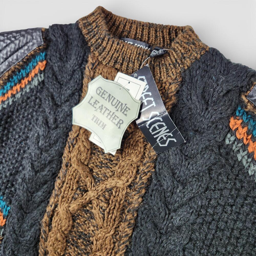 Vintage Street Scenes Sweater Adult Large Brown Hand Knit Leather Trim Chunky